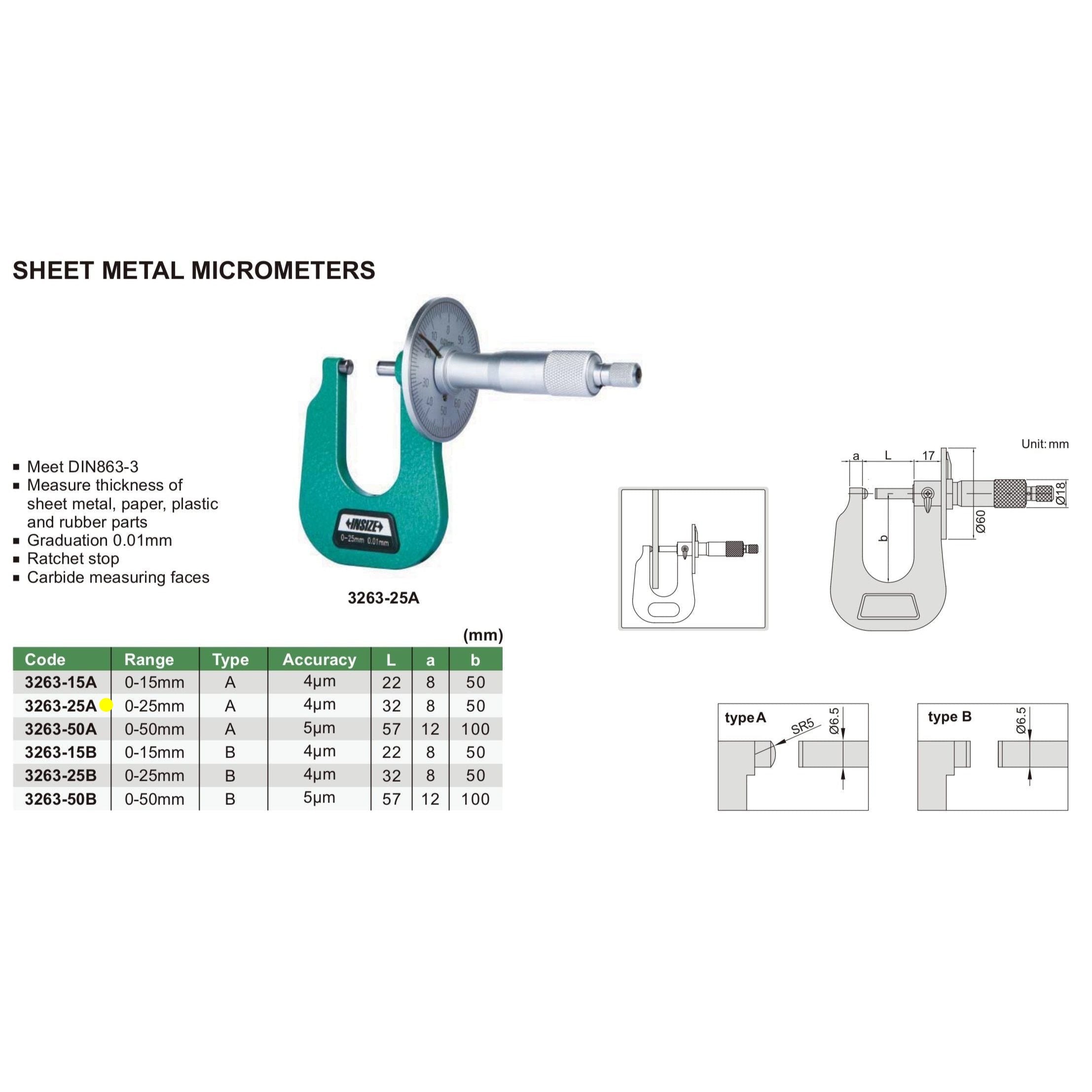 Insize Sheet Metal Micrometer 0-25mm Range Series 3263-25A