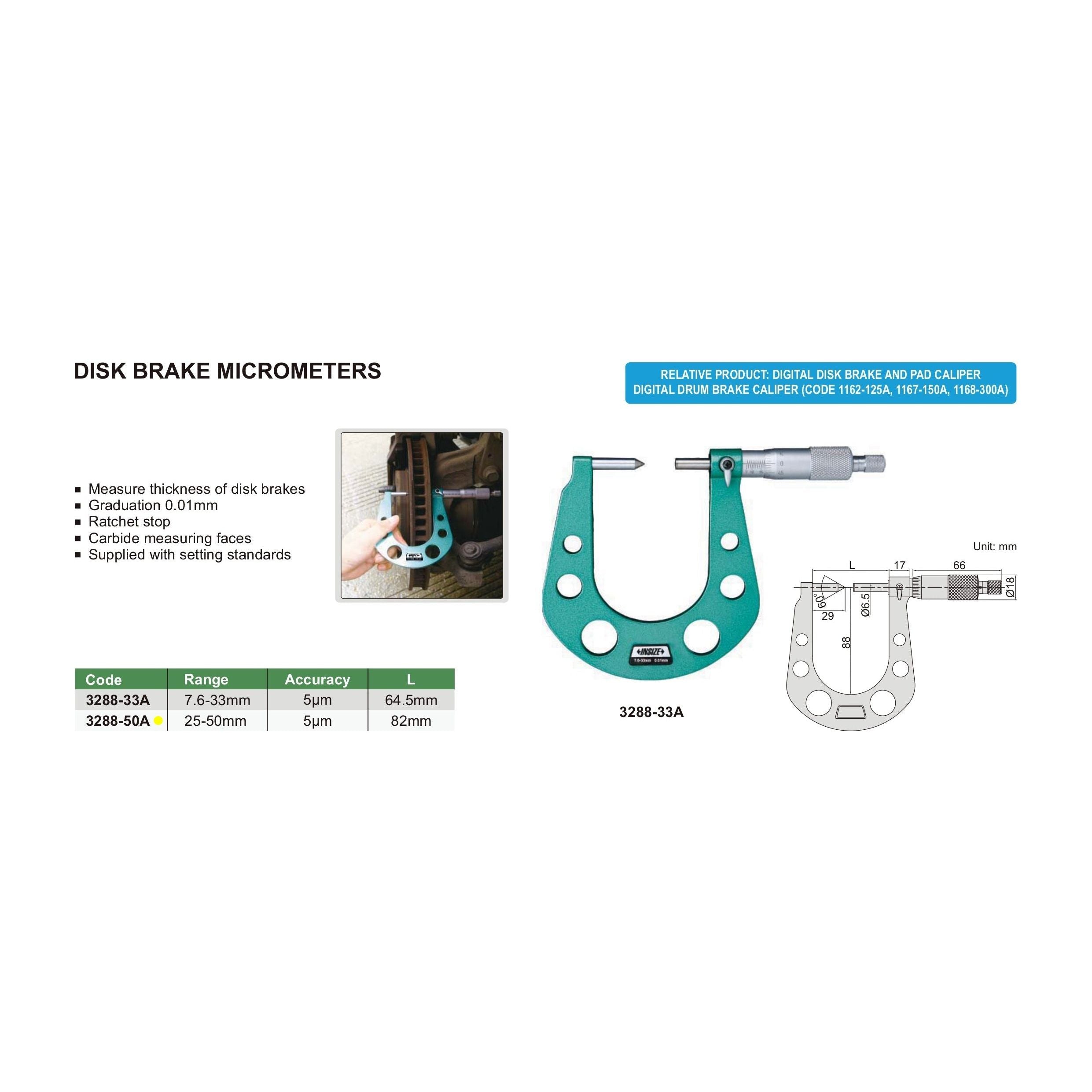 Insize Disc Brake Micrometer 25-50mm Range Series 3288-50A