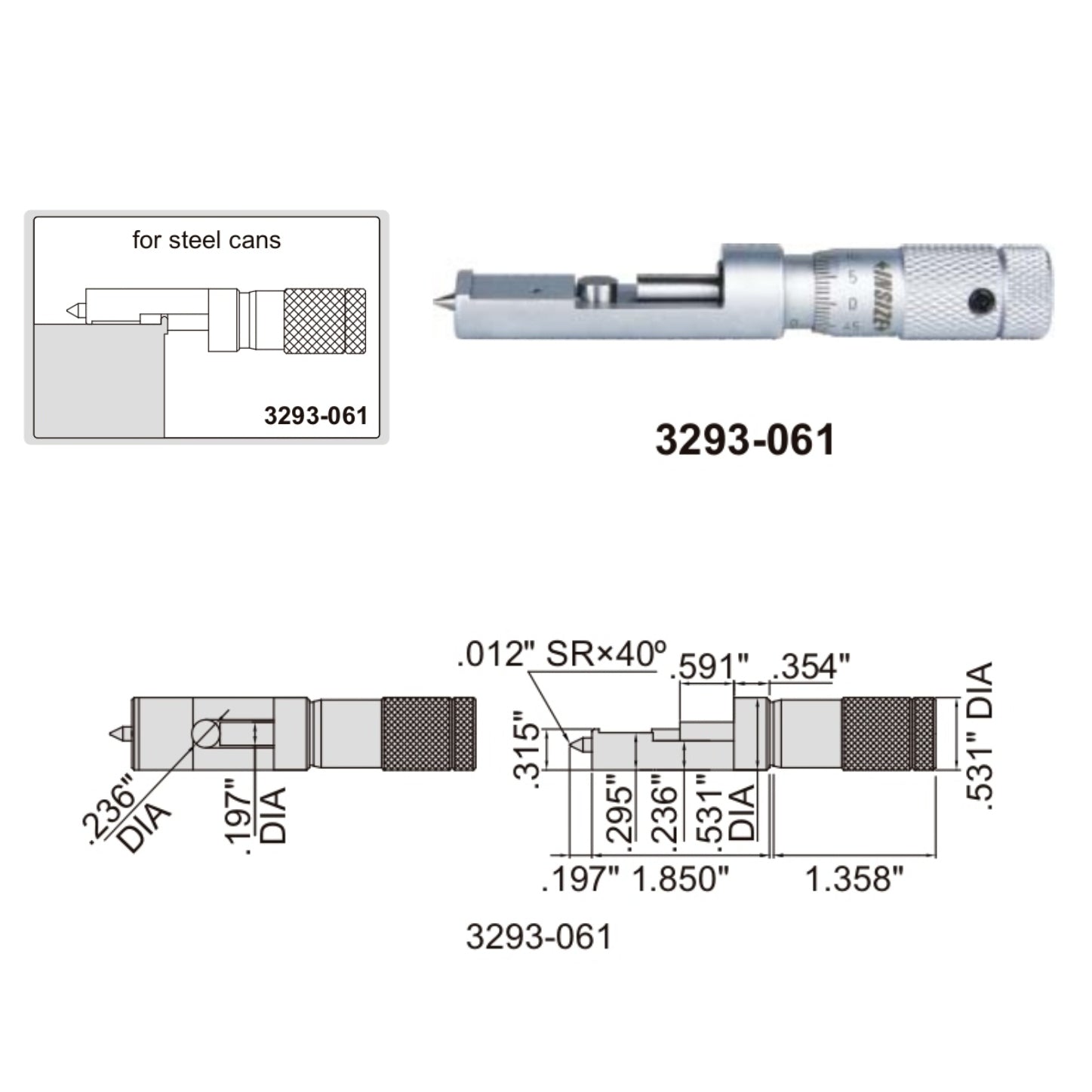 Insize Can Seam Micrometer 0-0.6" Range Series 3293-061