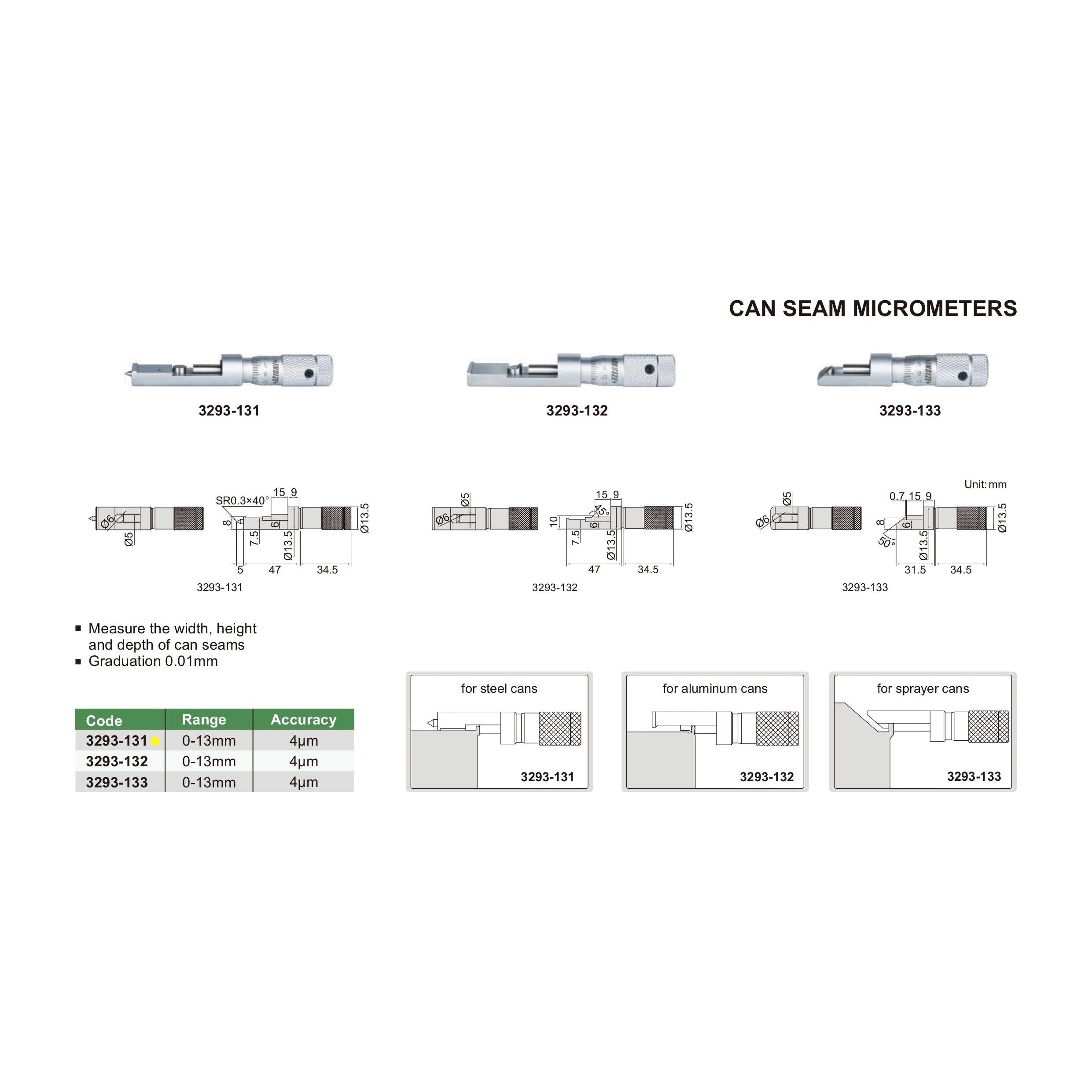 Insize Can Seam Micrometer 0-13mm Range Series 3293-131