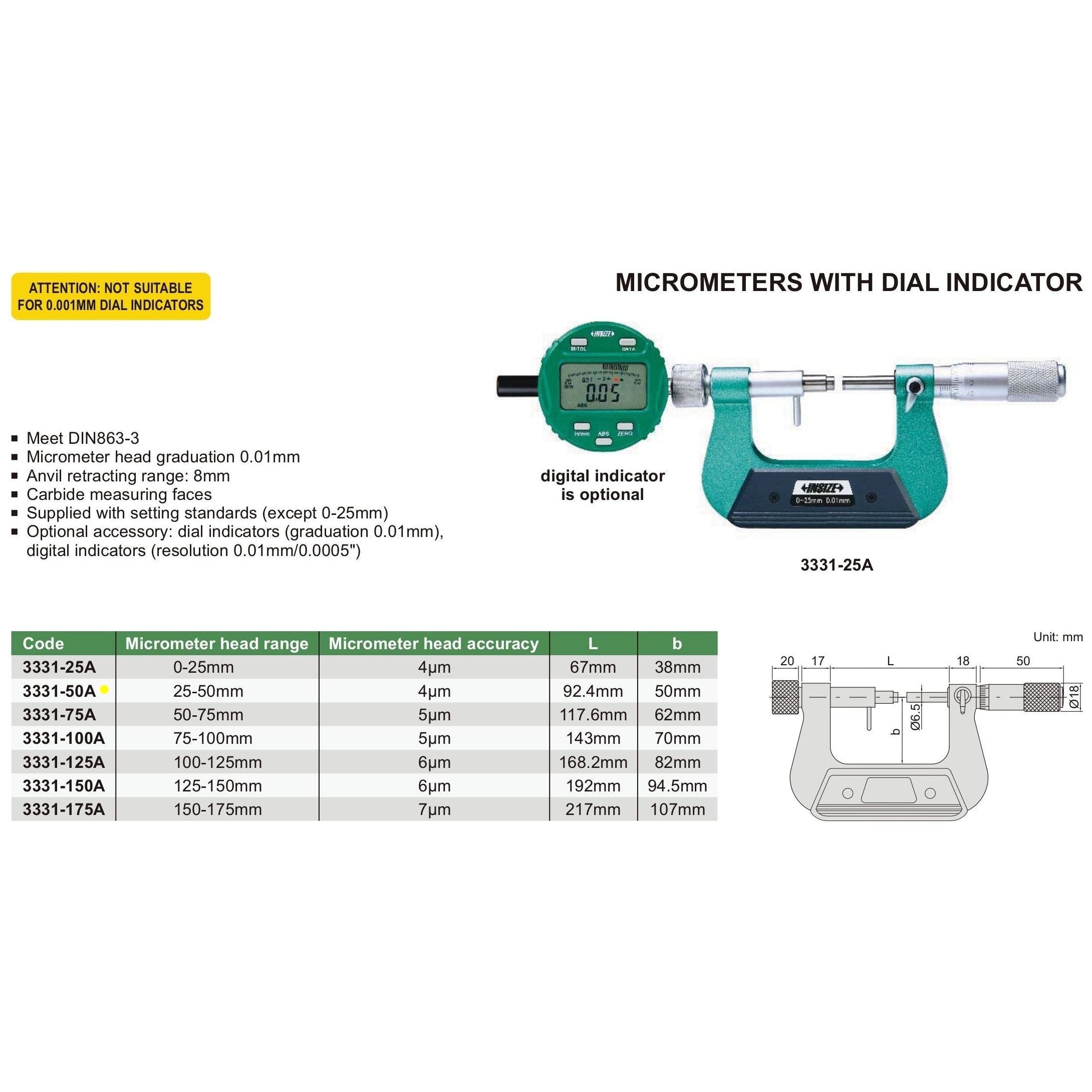 Insize Indicating Micrometer 25-50mm Range Series 3331-50A