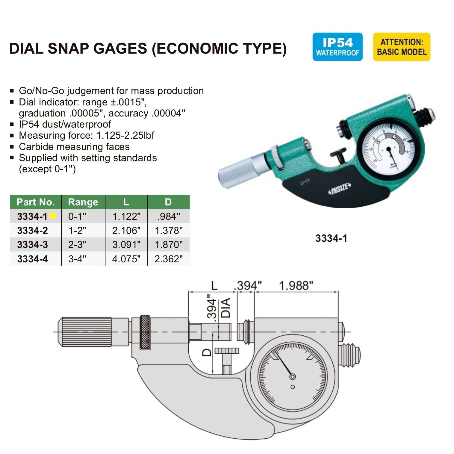 Insize Dial Snap Gauge 0-1" Range Series 3334-1