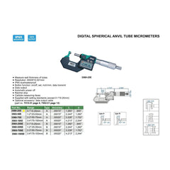 Insize Digital Spherical Anvil Tube Micrometer 0-25mm/0-1" Range Series 3560-25E