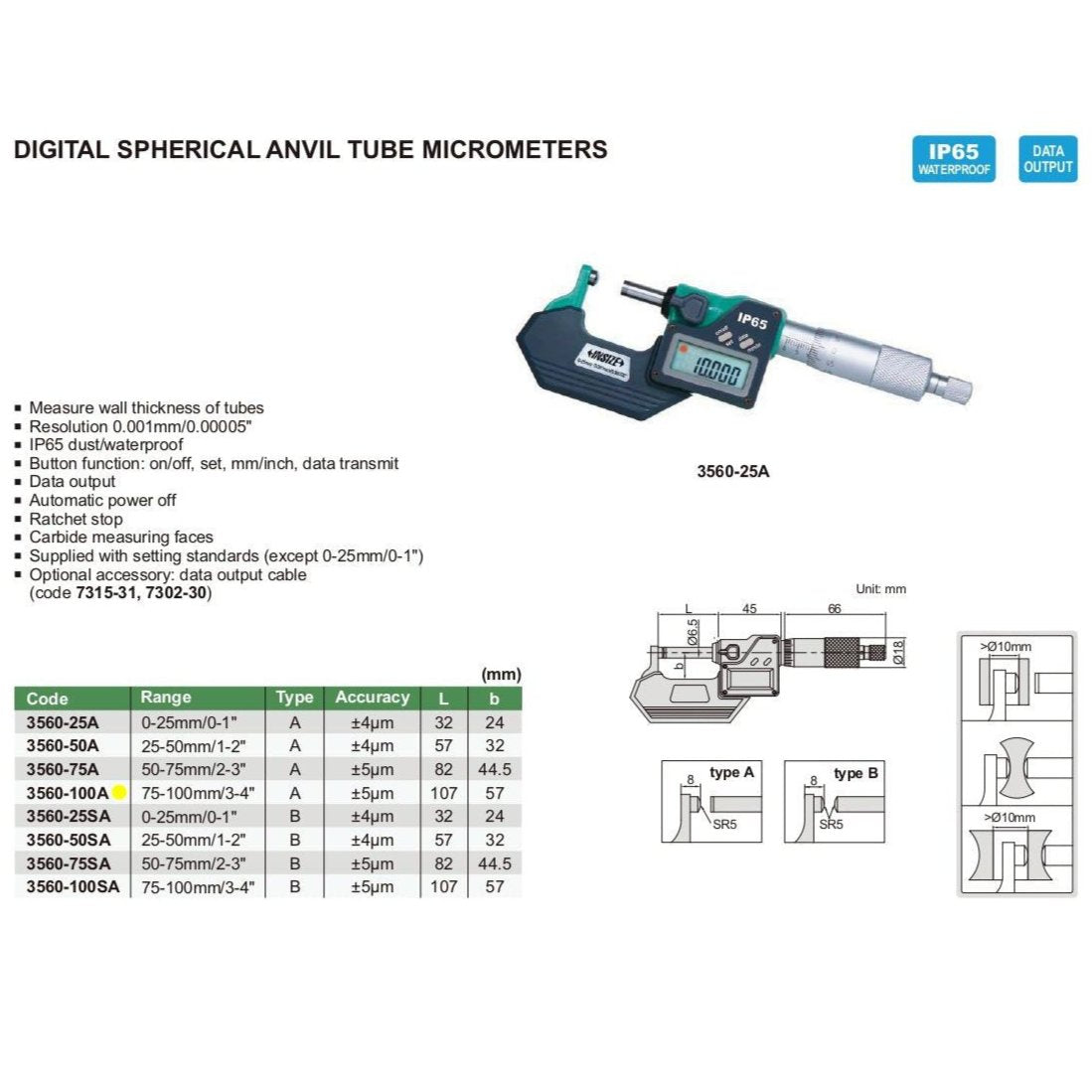 Insize Digital Spherical Anvil Tube Micrometer 75-100mm Range Series 3560-100A