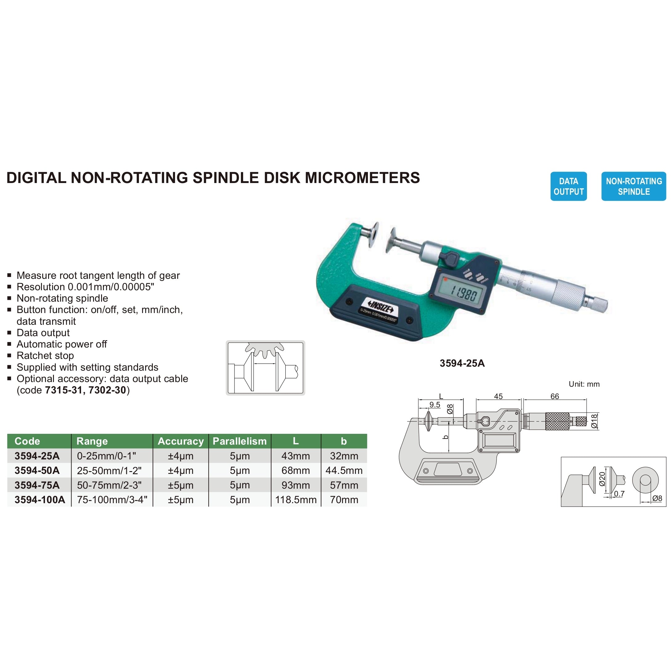 Insize Digital Spindle Disc Micrometer 0-25mm Range Series 3594-25A