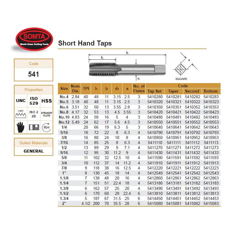 Somta Series 541 - HSS Straight Flute Short Hand Bottom (Finishing) Tap UNC 1/2" x 13 TPI