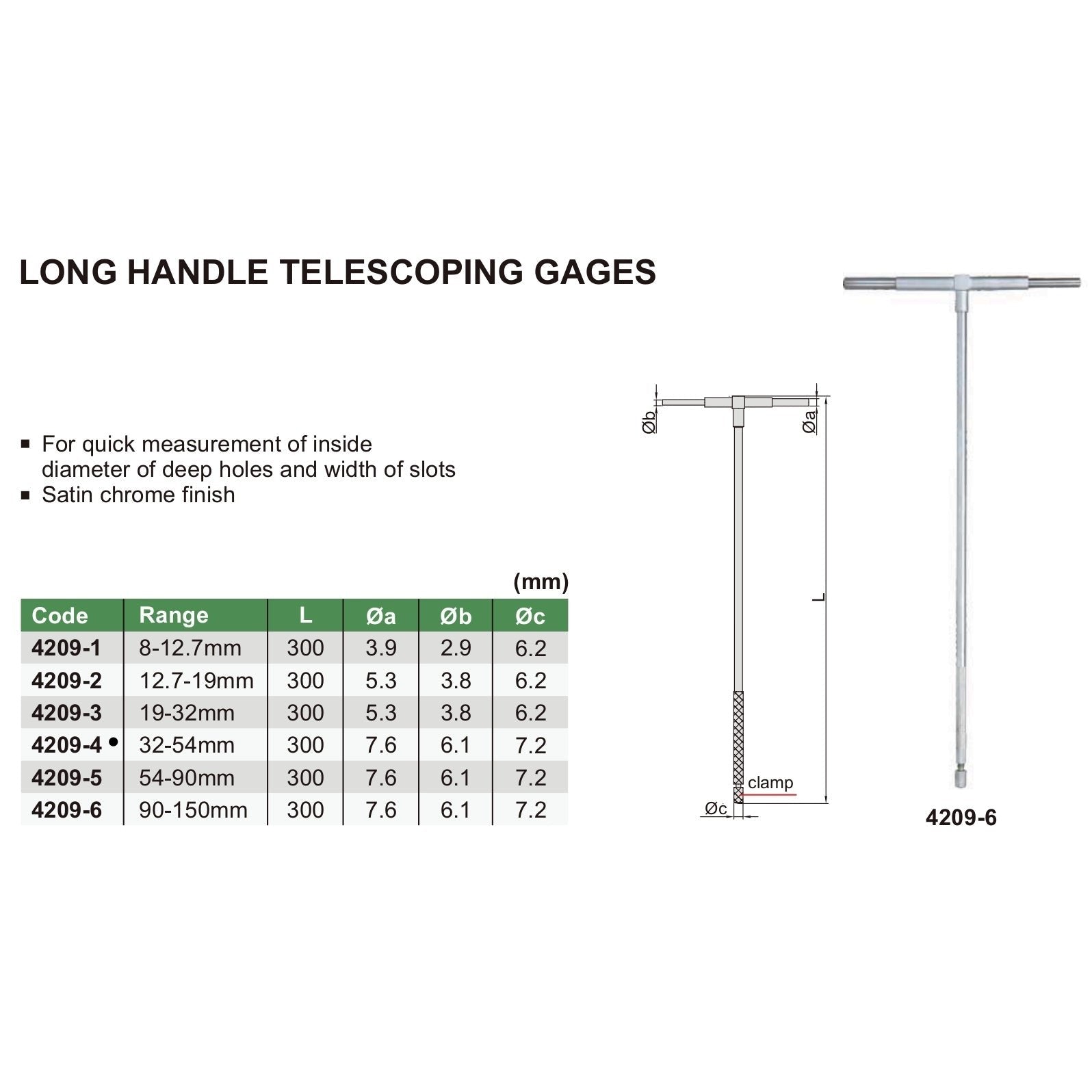 Insize Long Handle Telescopic Gauge 32-54mm Range Series 4209-4