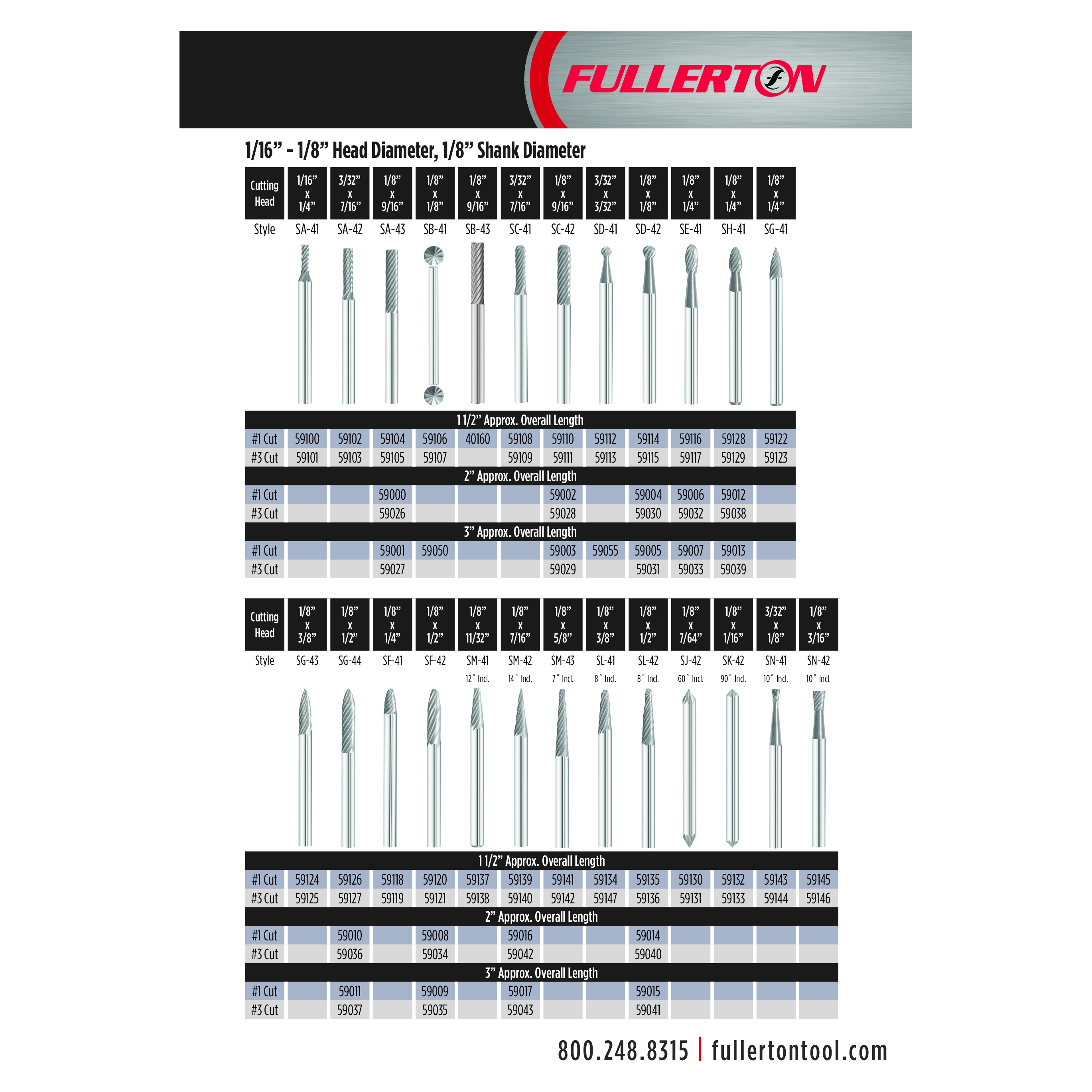 Fullerton - SC42 1/8" x 9/16" Cylindrical Ball Nose Series Carbide Burr