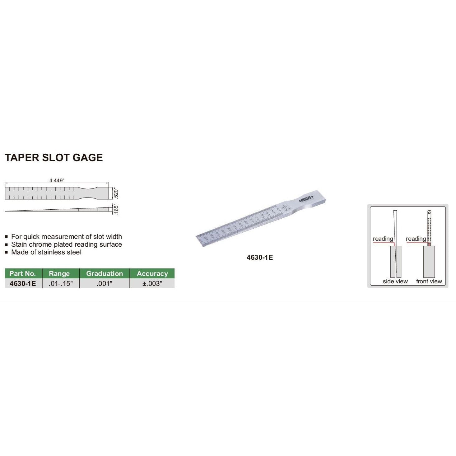 Insize Taper Slot Gauge 0.01-0.15" Range Series 4630-1E