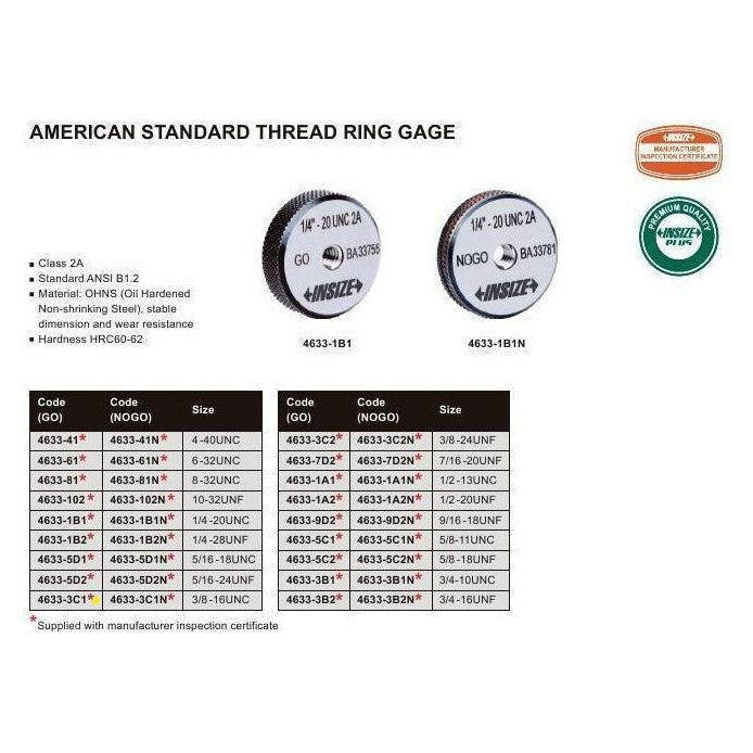 Insize GO Thread Ring Gauge 3/8"-16 UNC Series - 4633-3C1