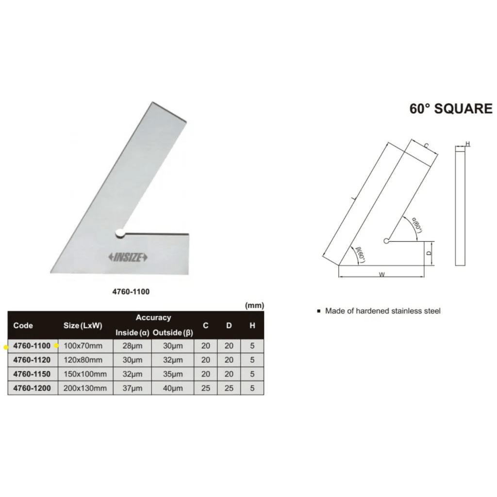Insize Range 60° Square 100 X 70mm Series 4760-1100