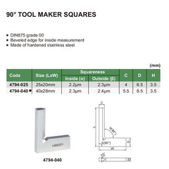 Insize 90° Toolmakers Square 40x28mm Range Series 4794-040