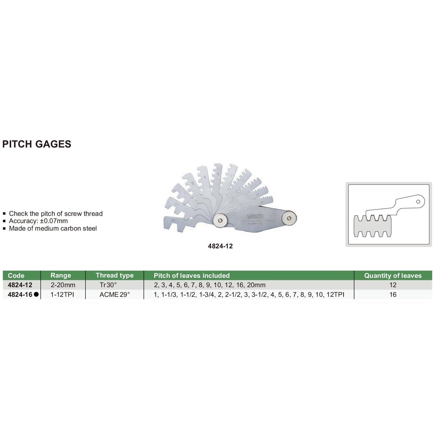 Insize Pitch Gauge 1-12TPI Range Series 4824-16