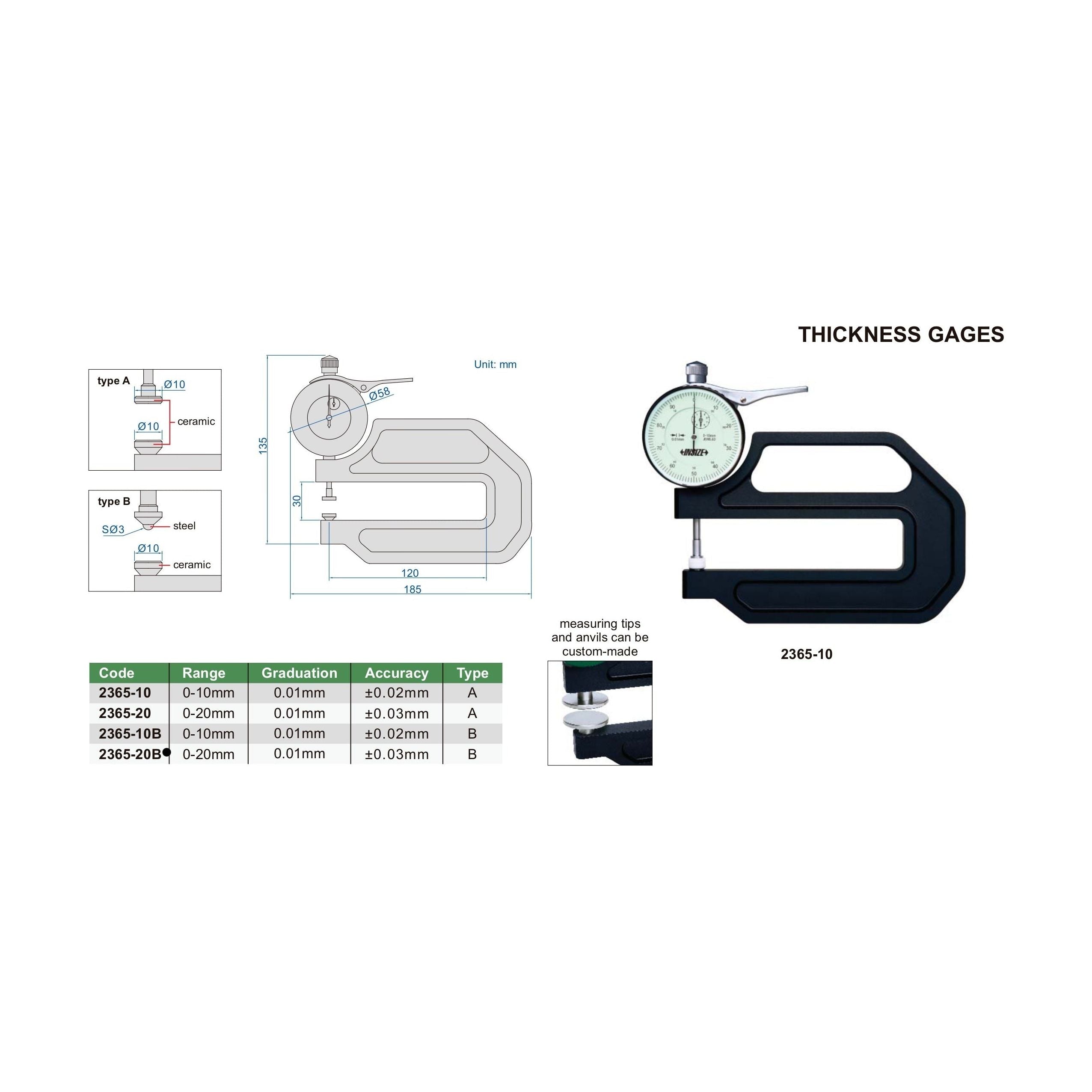 Insize Thickness Gauge 0-20mm x 0.01mm Range Series 2365-20B