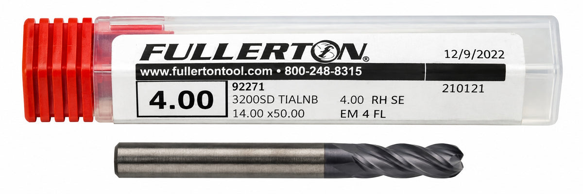 Fullerton 4.0mm 4 Flute TiAlN Coated Carbide Ball Nose Endmill - 3200 Series