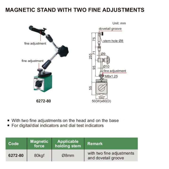 Insize Magnetic Stand w/ Two Fine Adjustments Series 6272-80
