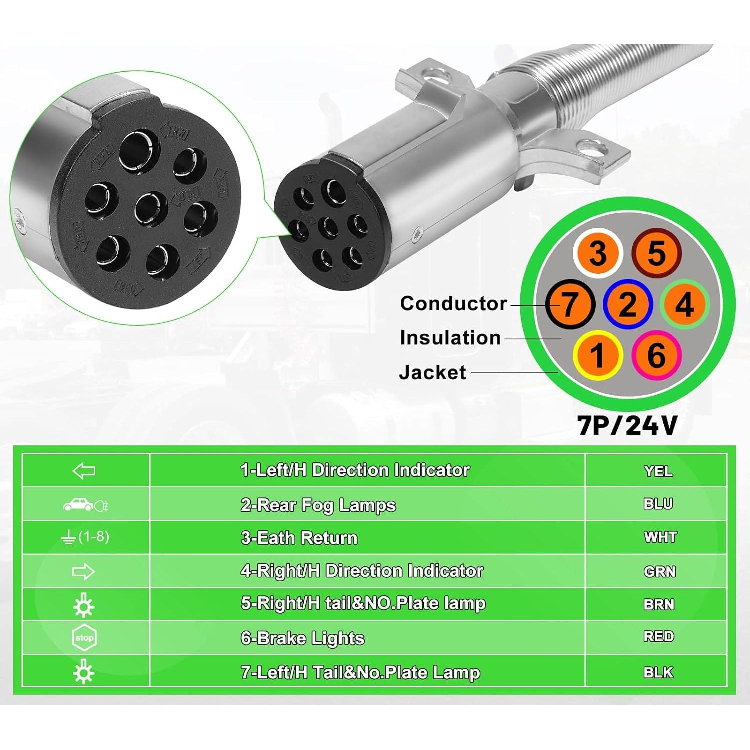 7 Way Trailer 15 FT Green ABS Spiral Electrical Power cord