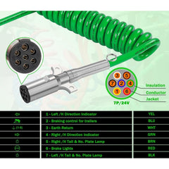 7 Way Trailer 15 FT Green ABS Long Tail Spiral Electrical Power cord - Twin Eagle Imports