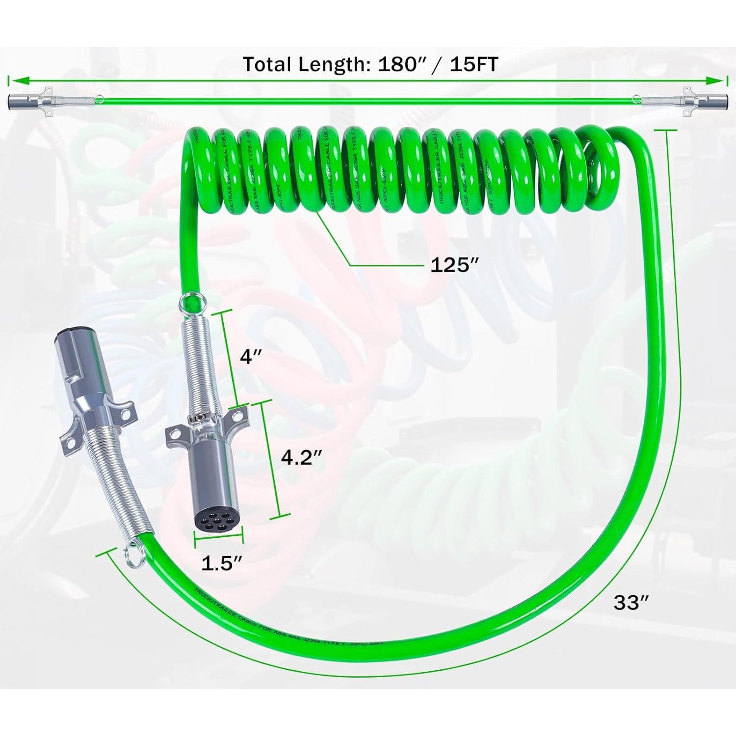 7 Way Trailer 15 FT Green ABS Long Tail Spiral Electrical Power cord - Twin Eagle Imports
