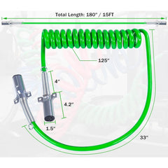 7 Way Trailer 15 FT Green ABS Long Tail Spiral Electrical Power cord - Twin Eagle Imports