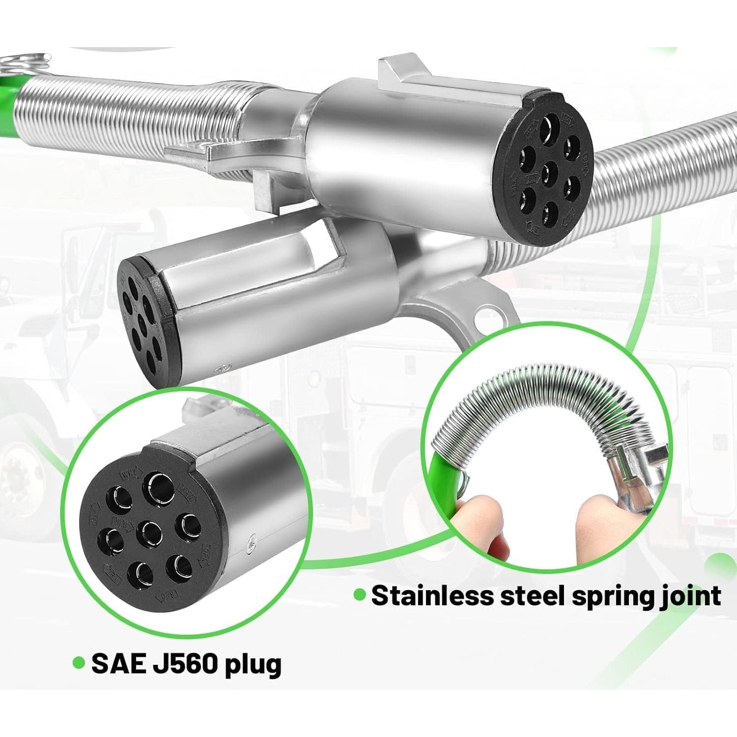 7 Way Trailer 15 FT Green ABS Spiral Electrical Power cord - Twin Eagle Imports