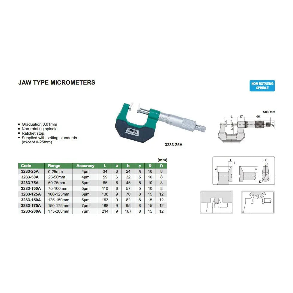 Insize Jaw Type Micrometer 0-25mm Range Series 3283-25A