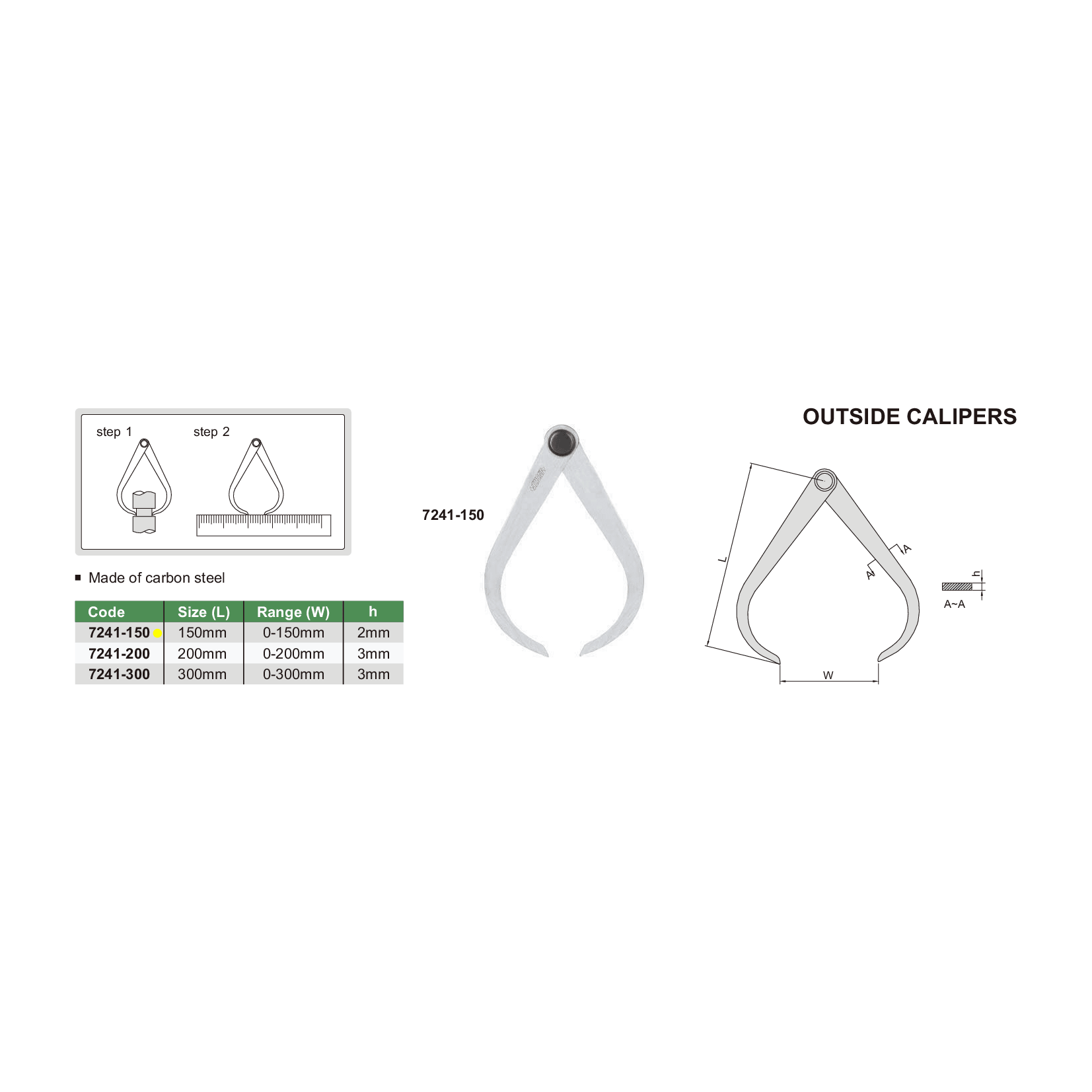 Insize Outside Caliper 150mm Range Series 7241-150