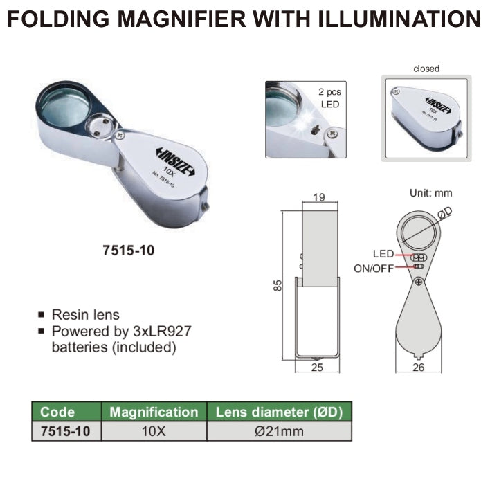 Insize x10 Illuminated Pocket Magnification Lens - Series 7515-10