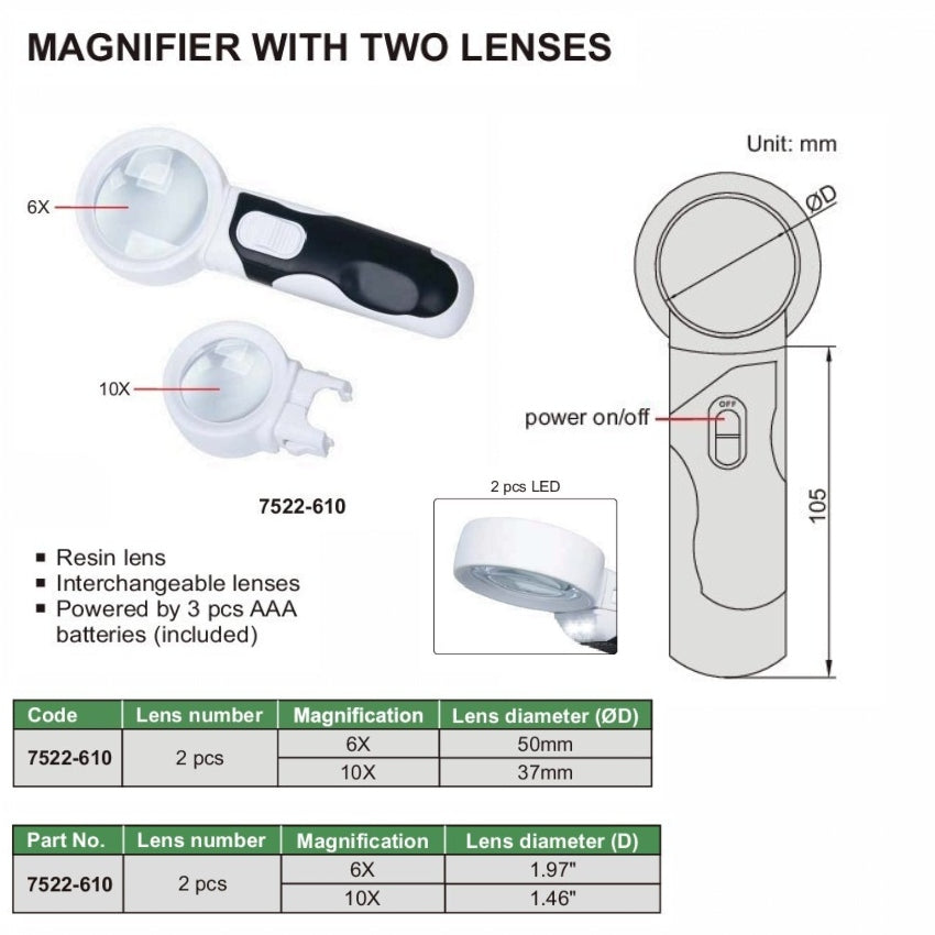 Insize Magnifiers w/ 2 Lenses 6X & 10X Series 7522-610