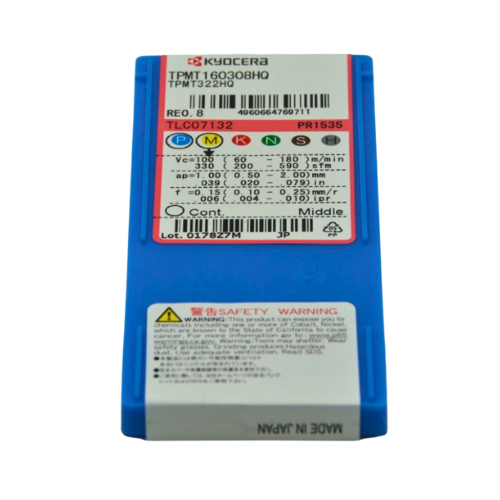 10pc Kyocera TPMT160308HQ PR1535 – Turning Insert (Finishing to Medium, HQ Chipbreaker) packaging with labels and warnings