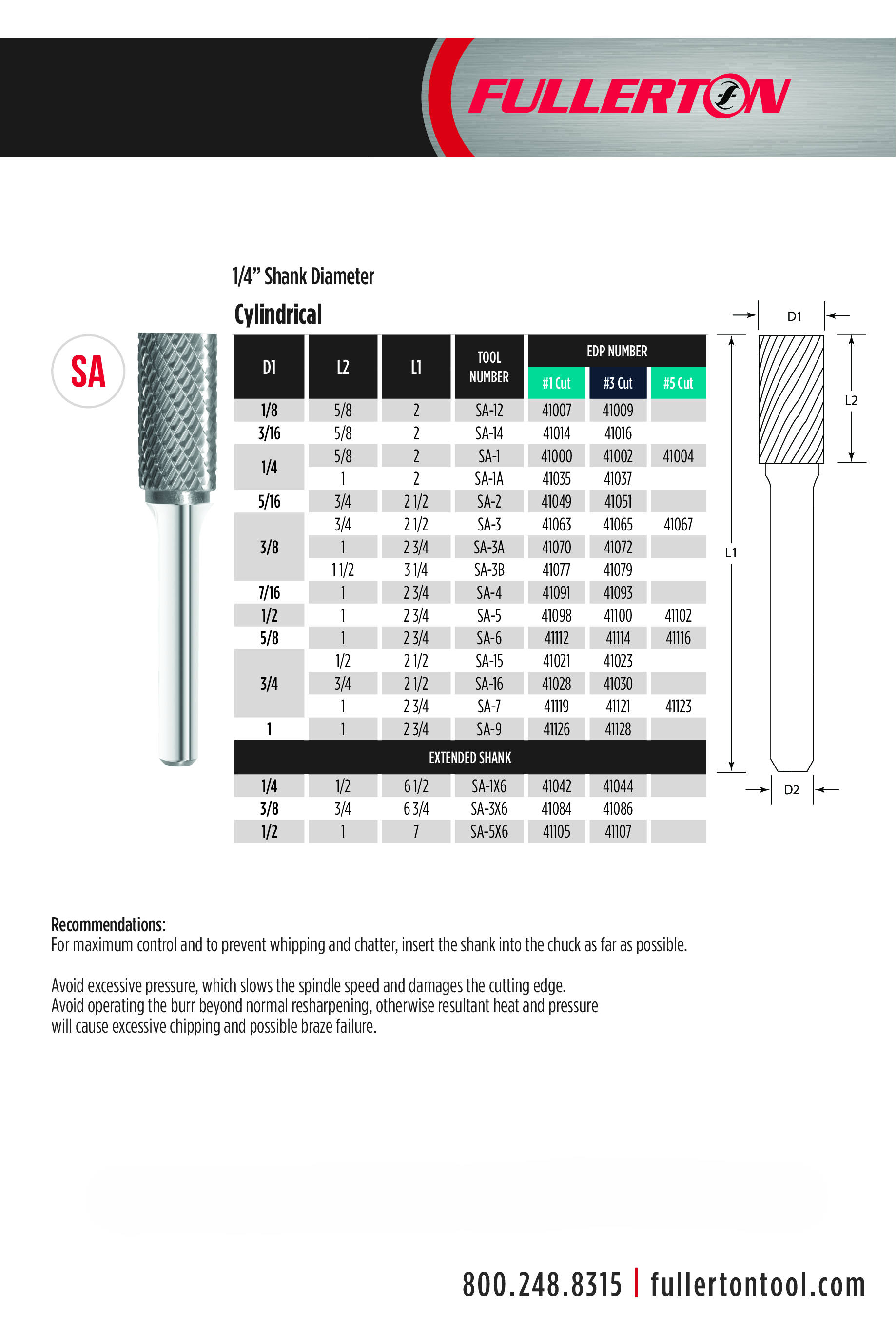 Fullerton - SA5 1/2" Cylindrical Shape Series Carbide Burr