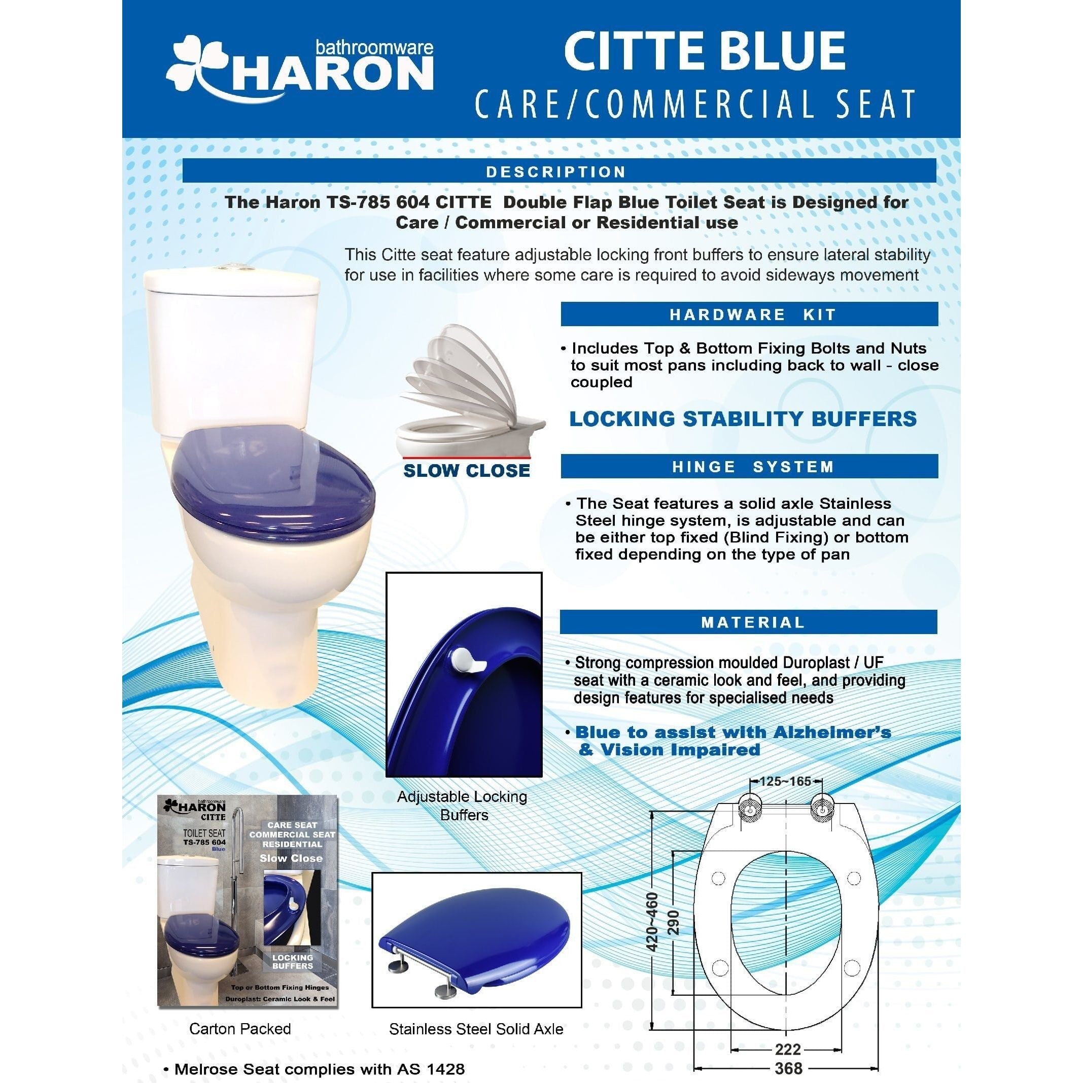 Haron TS-785604 CITTE 604 Blue Slow close Toilet Seat with Locking Buffers