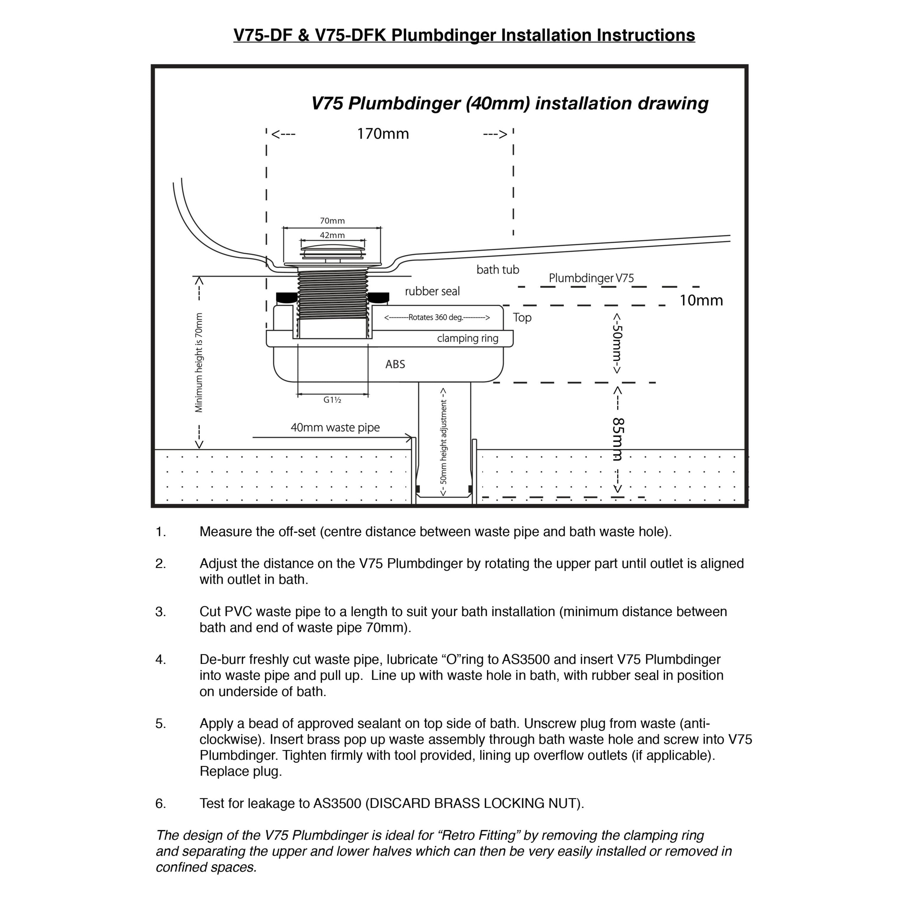 V75-DFK Plumbdinger - Space Saving Bath Waste Solutions for Slab-On-Ground Installations