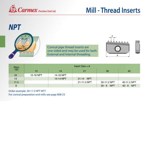 Carmex External/Internal NPT Threadmill Insert 30mm/ 8 TPI