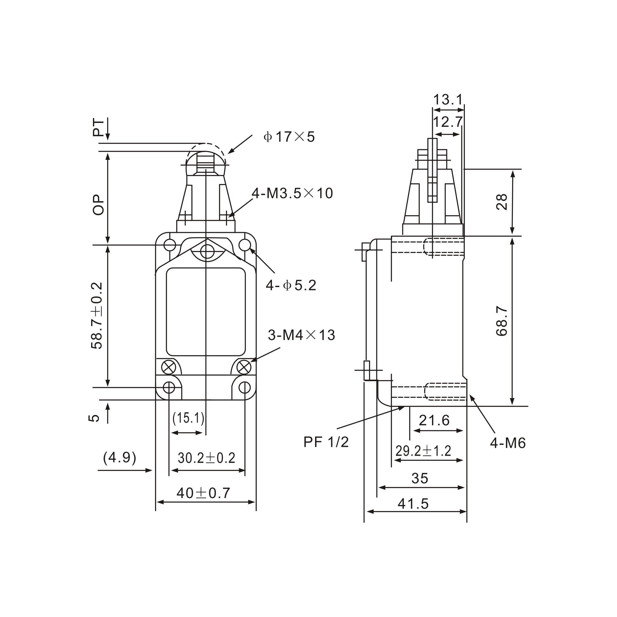 WLD2 Parallel Top-Roller Stainless Plunger Limit Switch Diagram