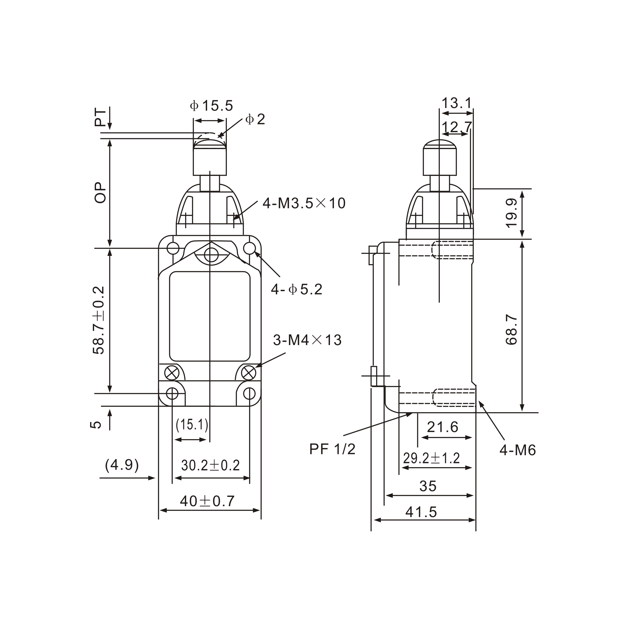 WLD3 Stainless Steel Button Plunger Limit Switch Diagram