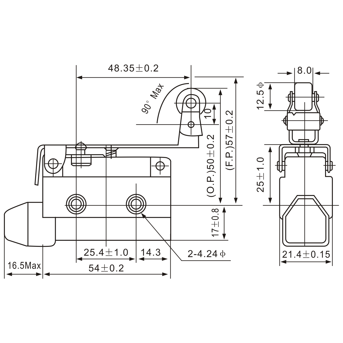 AZ-7124 Angled Lever with Roller Limit Switch Diagram