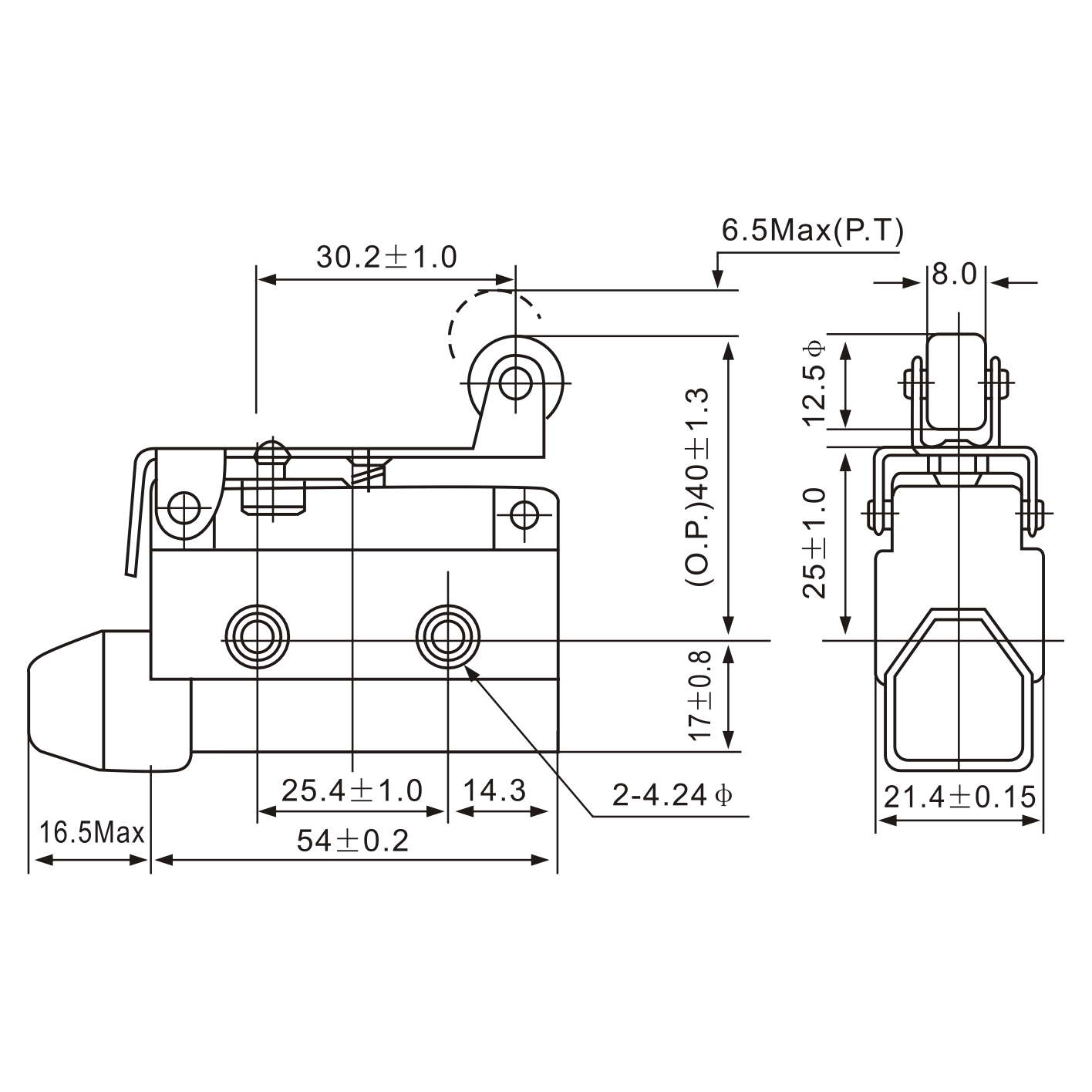 AZ-7141 Limit Switch Angled Lever with Roller Diagram
