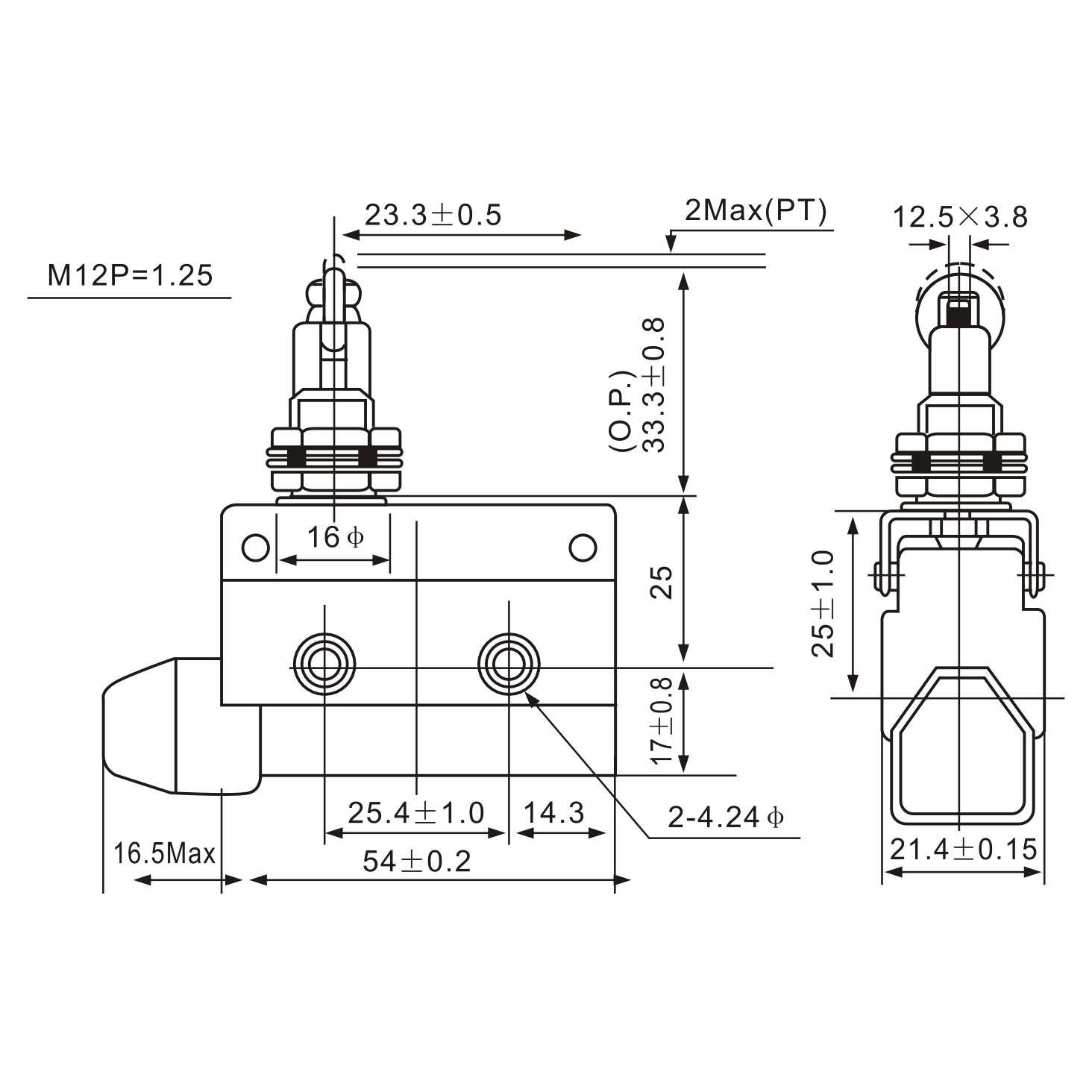 AZ-7312 Panel Mount Cross Roller Plunger Limit Switch Diagram