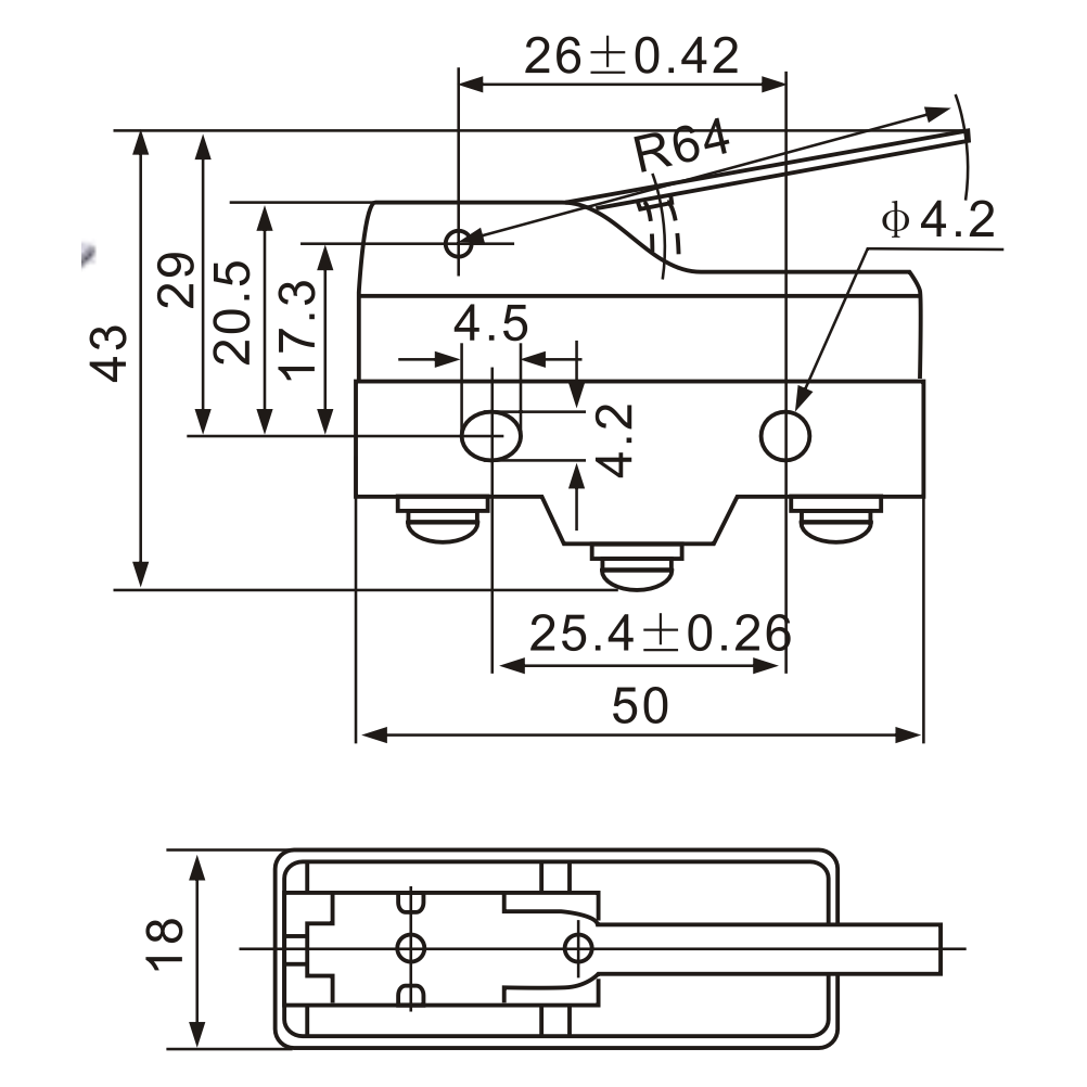 Z-15GW-B Universal Hinge-Actuated Screw Terminals Micro Limit Switch Diagram