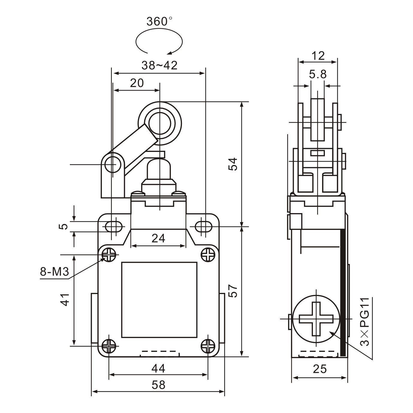 XCK-M121 Thermoplastic Roller Lever Plunger Limit Switch Diagram
