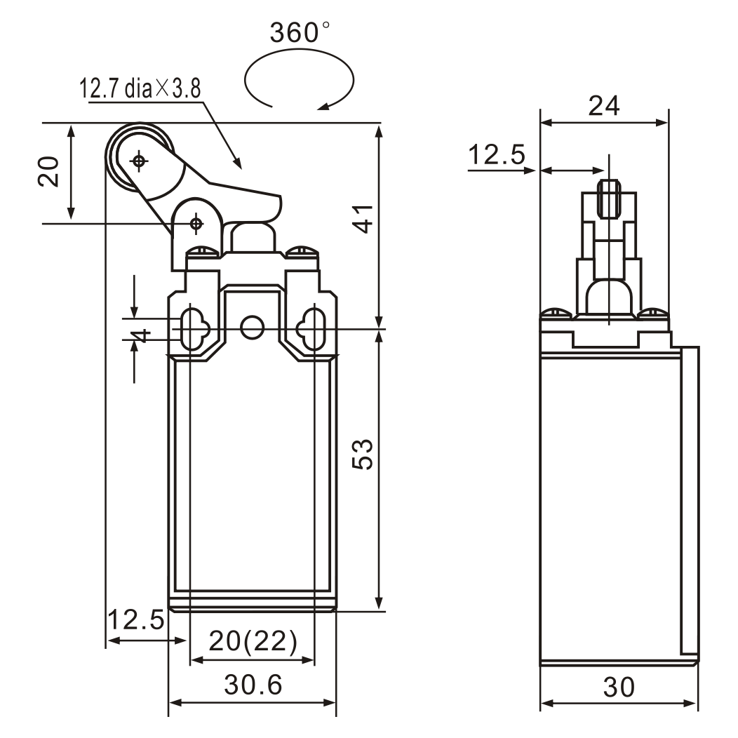 XCK-127 One-Way Parallel Top-Roller Plunger Limit Switch Diagram