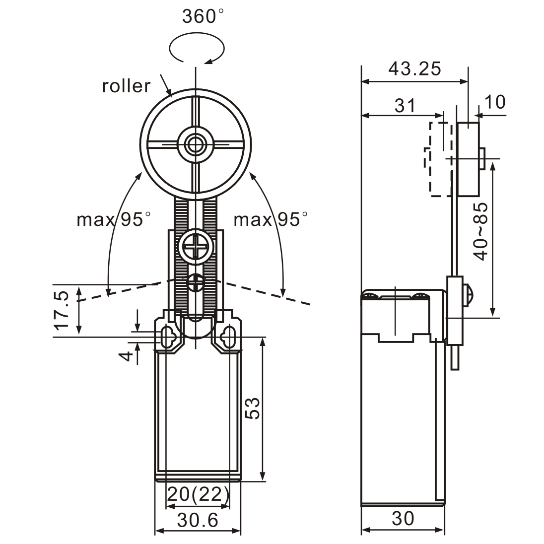 XCK-191 Adjustable Big Top-Roller Lever Actuator Limit Switch Diagram