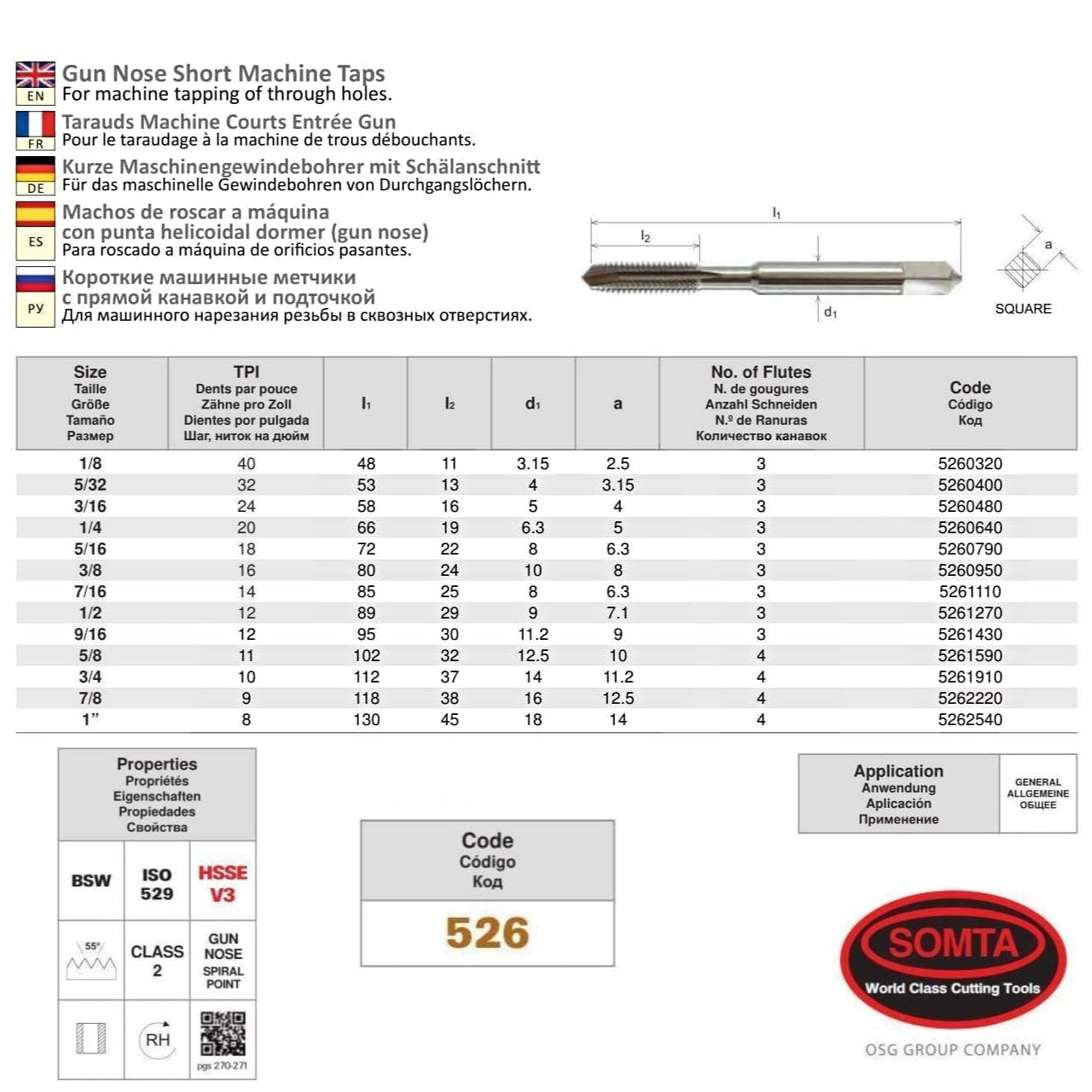 Somta Series 526 - HSSE-V Gun Nose Tap BSW 7/8" (Standard)