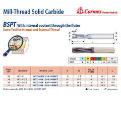 Carmex Mill Thread Solid Carbide 14 BSPT w/ internal coolant through flutes 26.3mm
