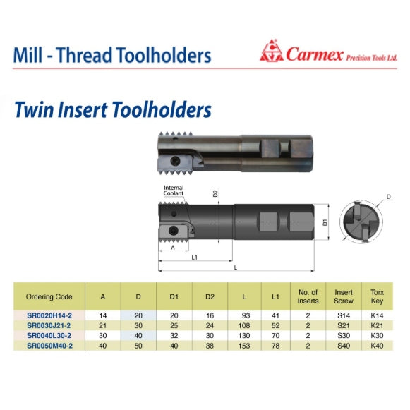Carmex Threadmill Twin Insert Toolholder 20mm Cut. SR0020H14-2