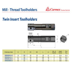 Carmex Threadmill Twin Insert Toolholder 20mm Cut. SR0020H14-2
