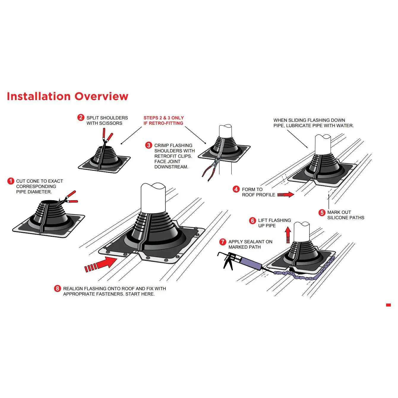 Aquaseal Roof Pipe Seal Aquaseal FlashRite #5 Metal Roof Pipe Flashing Red 125-200mm