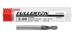 Fullerton 2.0mm 2 Flute TiAlN Coated Carbide Ball Nose Endmill - 3215 Series