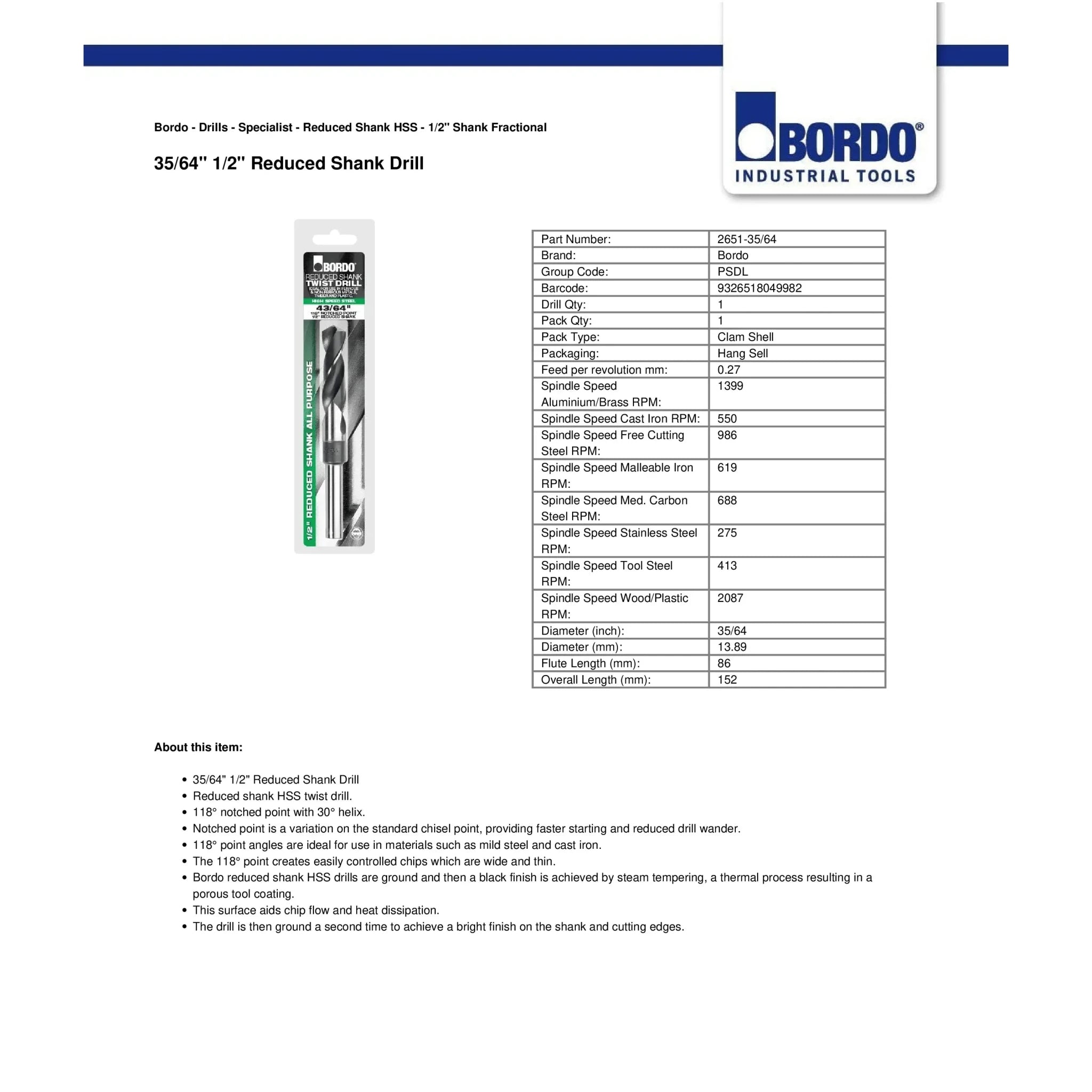 Bordo 35/64" HSS Reduced Shank Drill - Twin Eagle Imports